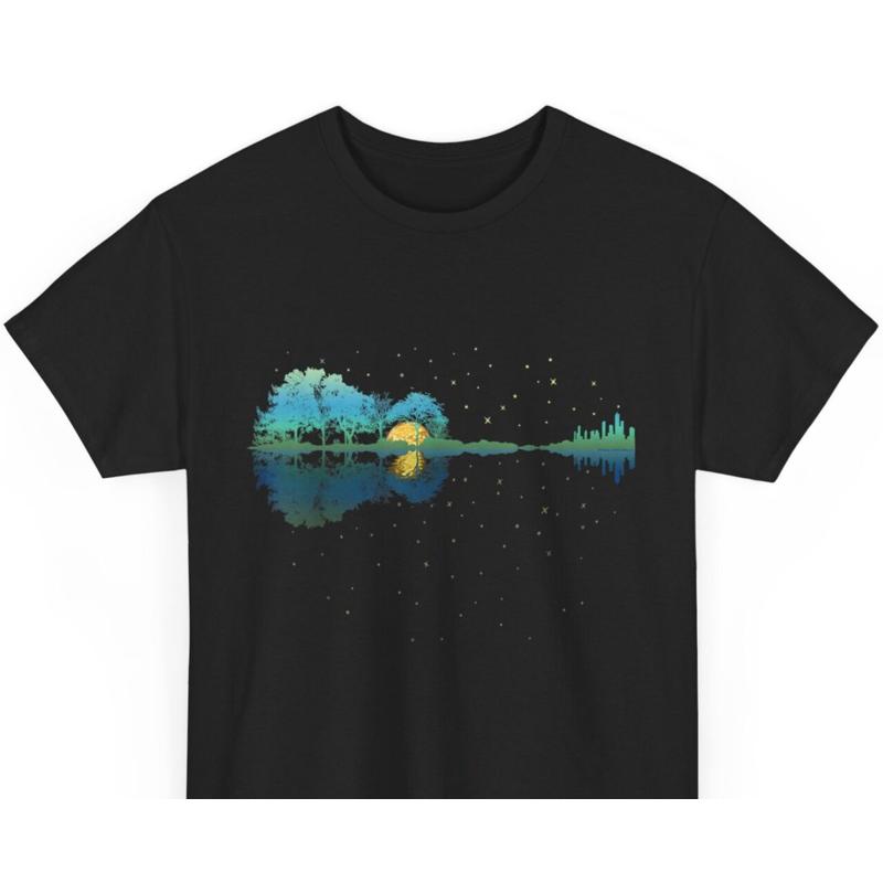 Guitar Lake Reflections Night Sky and Moon Guitar T Shirt S