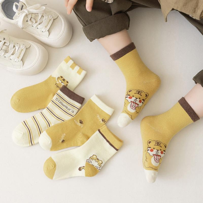 5Pairs/Set Baby Socks Spring Autumn Toddler Boys Girls Cute Tiger Middle Tube Socks For Kids Cute Letter Striped Cotton Sock