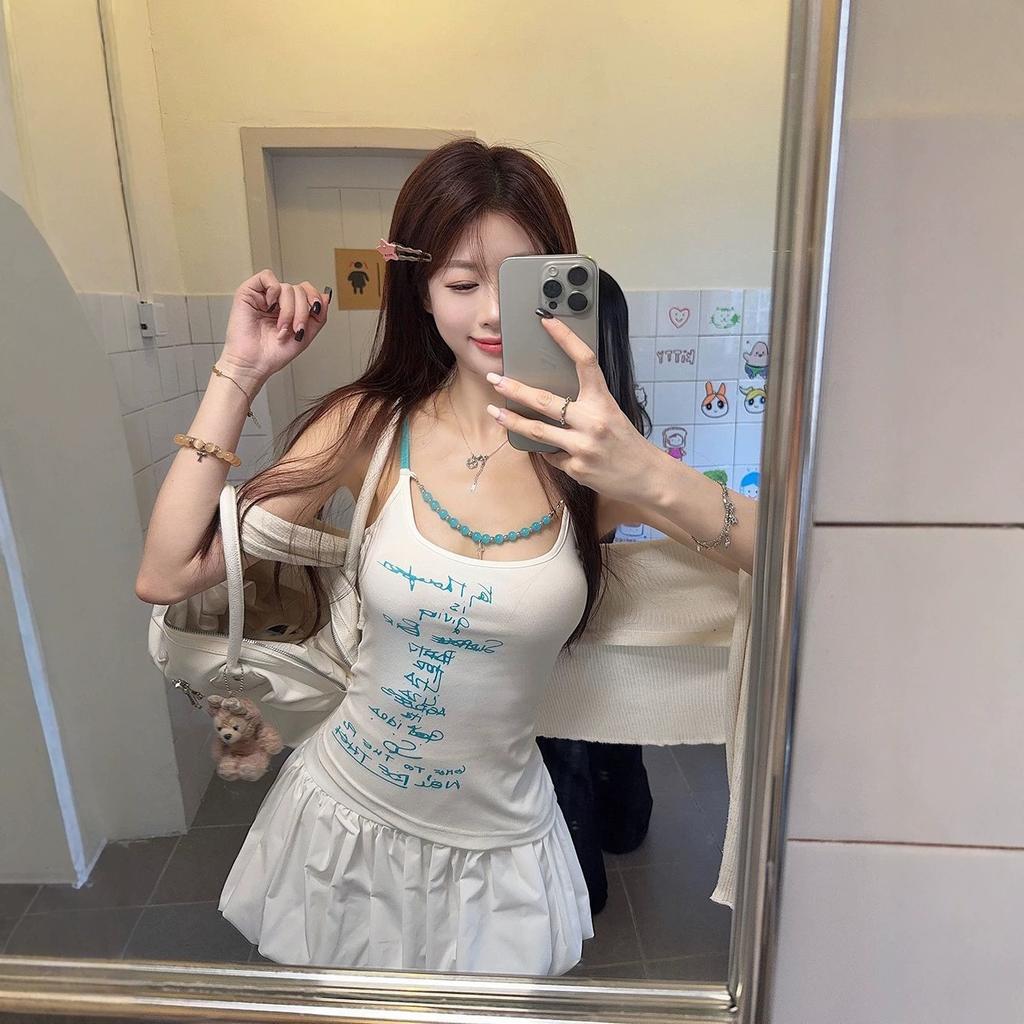 Dopamine Spice Girls Bead String Decorative Letter Printed Suspender Vest Spring and Summer New Design Slim Top