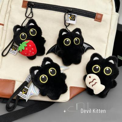 Popolare Ciondolo Peluche Gatto Nero con Occhi Grandi, Ali in Stile Punk e Ciondolo Sonoro per Borse