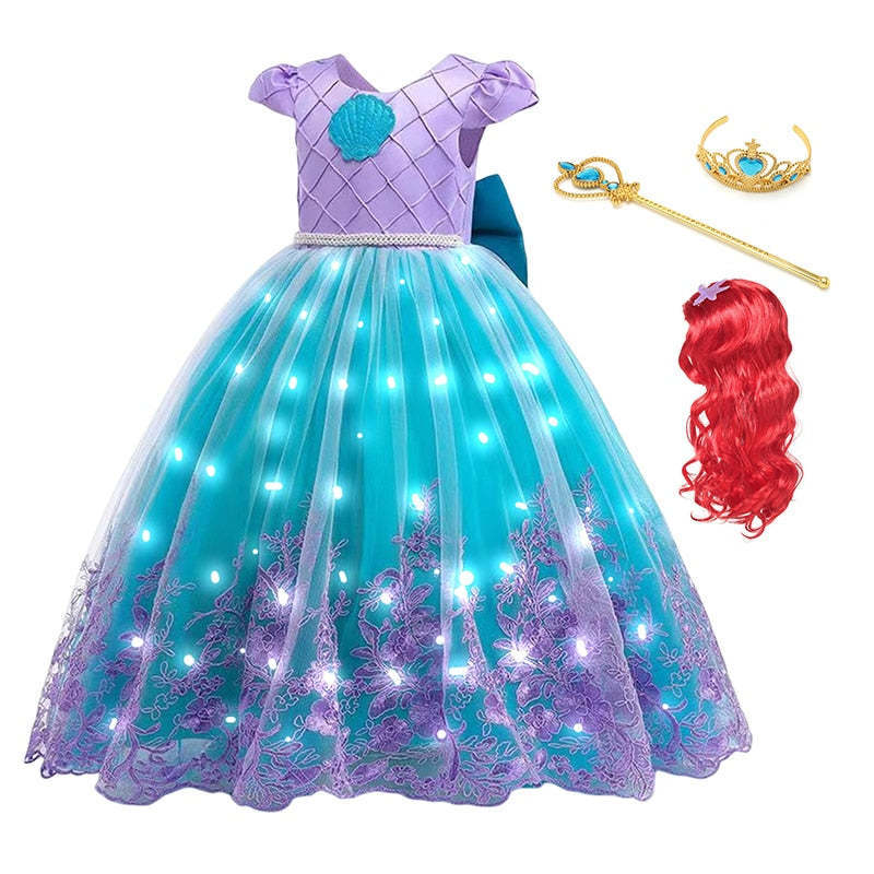 Easter Ocean Mermaid Heavy Lace LED Tutu Dress, Girls Holiday Stage Performance Wholesale Flashing Gown Blue