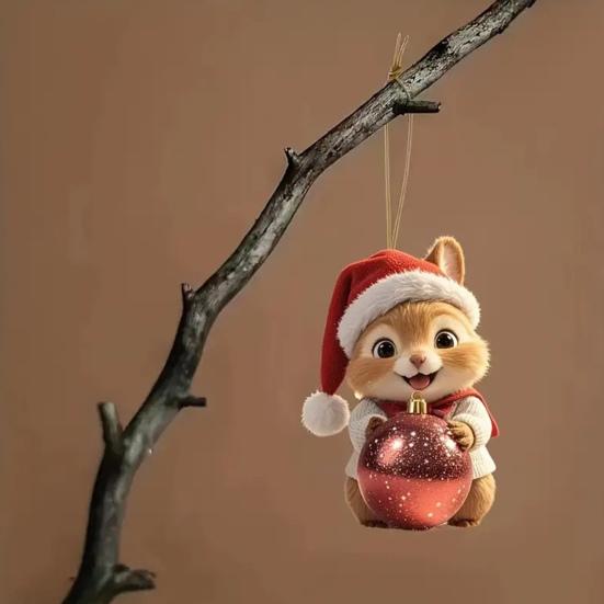 Yousheng Acrylic Squirrel Ornament with Santa Hat 2D Christmas Tree Decoration Festive Hanging Decor for Car Home