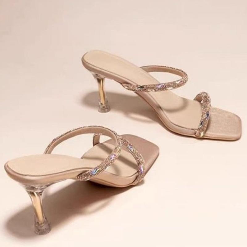Women's Fashion Slippers 2025 Open-toe Stiletto Sandals with A Crystal-embellished Strap Matching Skirt Party Sequin High Heels