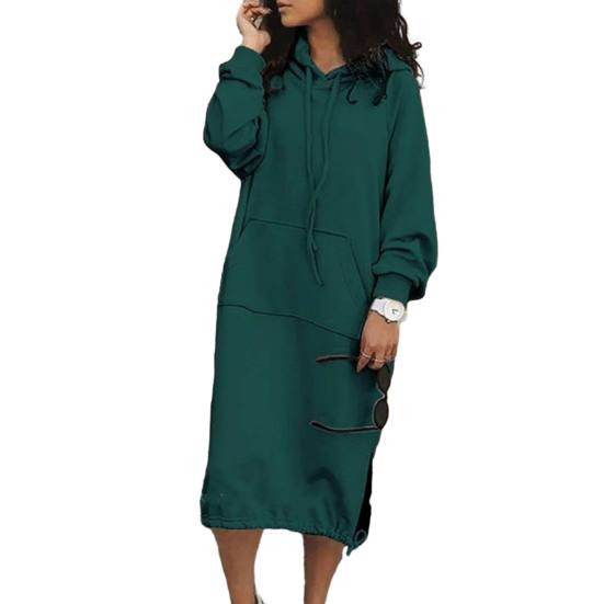 Women's Hooded Long-sleeved Sweatshirt Dress Front Sleeve Side Cleft Lined Sweatshirt Dress