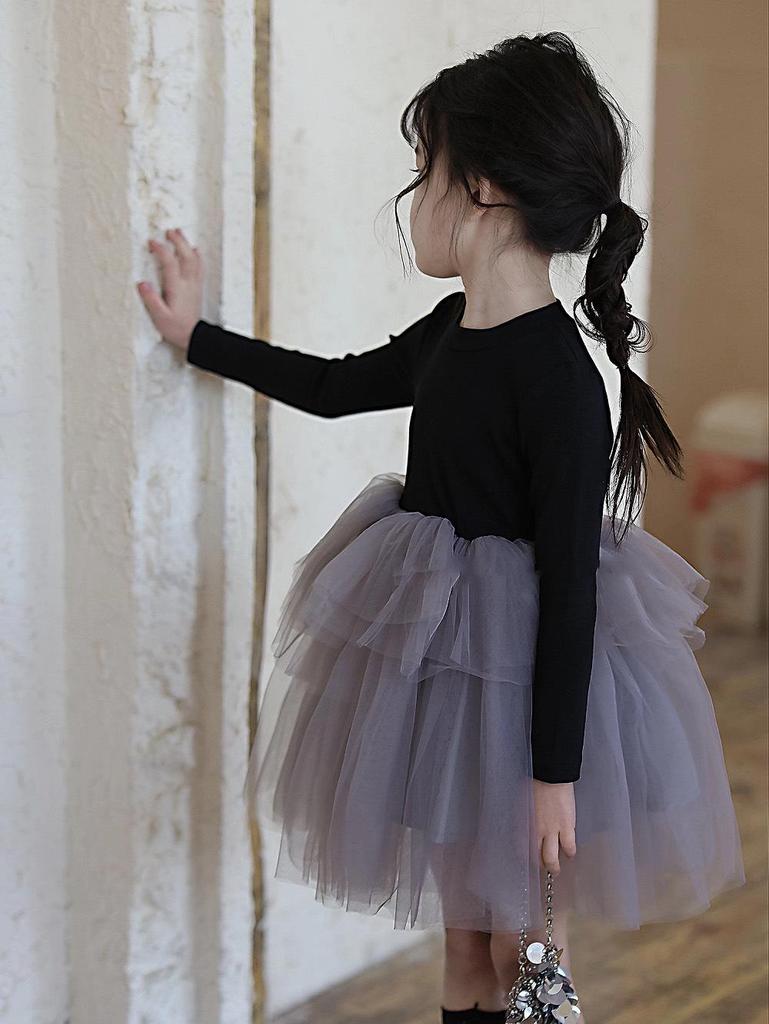 Korean Style Girls' Puffy Princess Dress - Long Sleeve Mesh Gauze Skirt for Spring & Autumn