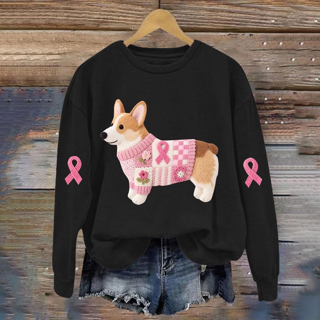 Breast  Sweatshirts For WomenRibbon Breast  Shirt Cute Dog Graphic  Long Sleeve Tops