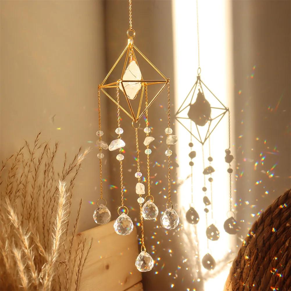 Crystal Wind Chime Star Moon Sun Catchers Windchimes Plated Colorful Beads Hanging Drop for Outdoor Indoor Garden Decor Craft