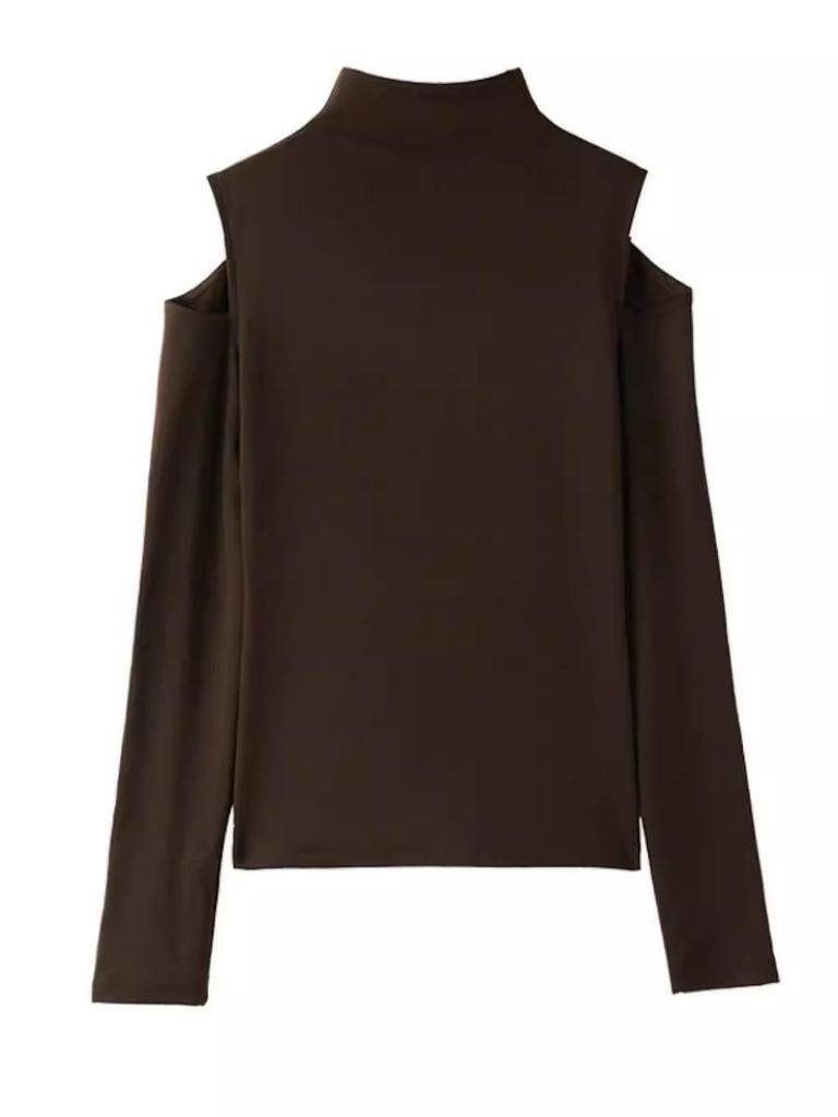 2025 Niche Solid Color Off-Shoulder Cutout Long-Sleeve Base Layer Women's Top with Half-High Neck Design