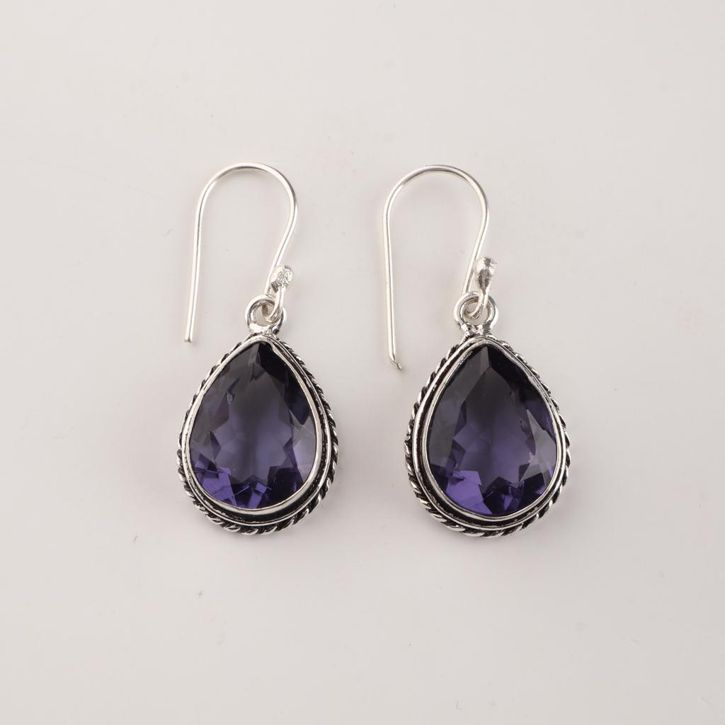 Iolite Gemstone 925 Sterling Silver Handmade Bezel Set Earrings 1.5" Partywear Earrings Jewelry AEE-2-9
