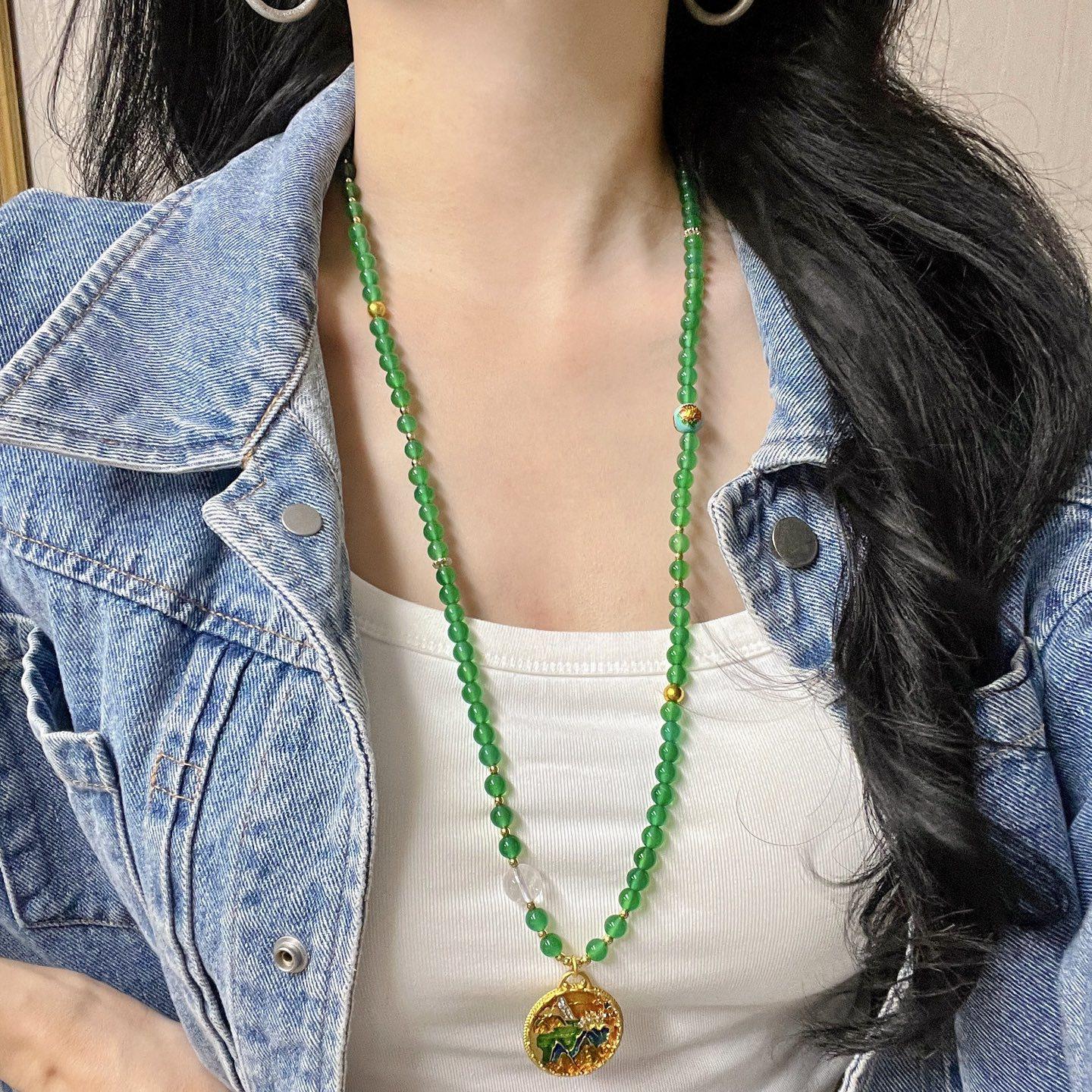 High Quality Ice-Through Emperor Green Chalcedony Sweater Chain Chain Necklace Collarbone Chain Pendant