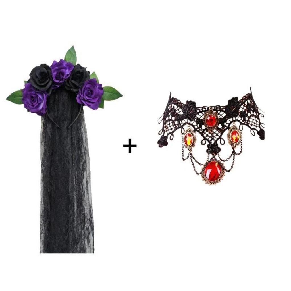 Halloween Headband Wreath Simulated Rose Flower Headband Lace Veil Bridal Party Headband Headband