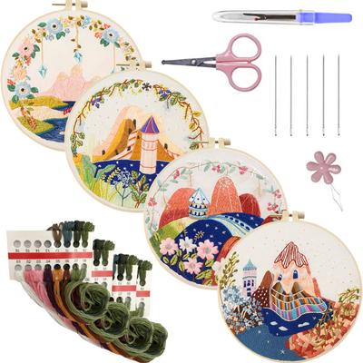 4er-Pack Landschafts-DIY-Stich-Set mit Stickrahmen Stickstich-Übungsset für Anfänger Geschenk für Bastelliebhaber