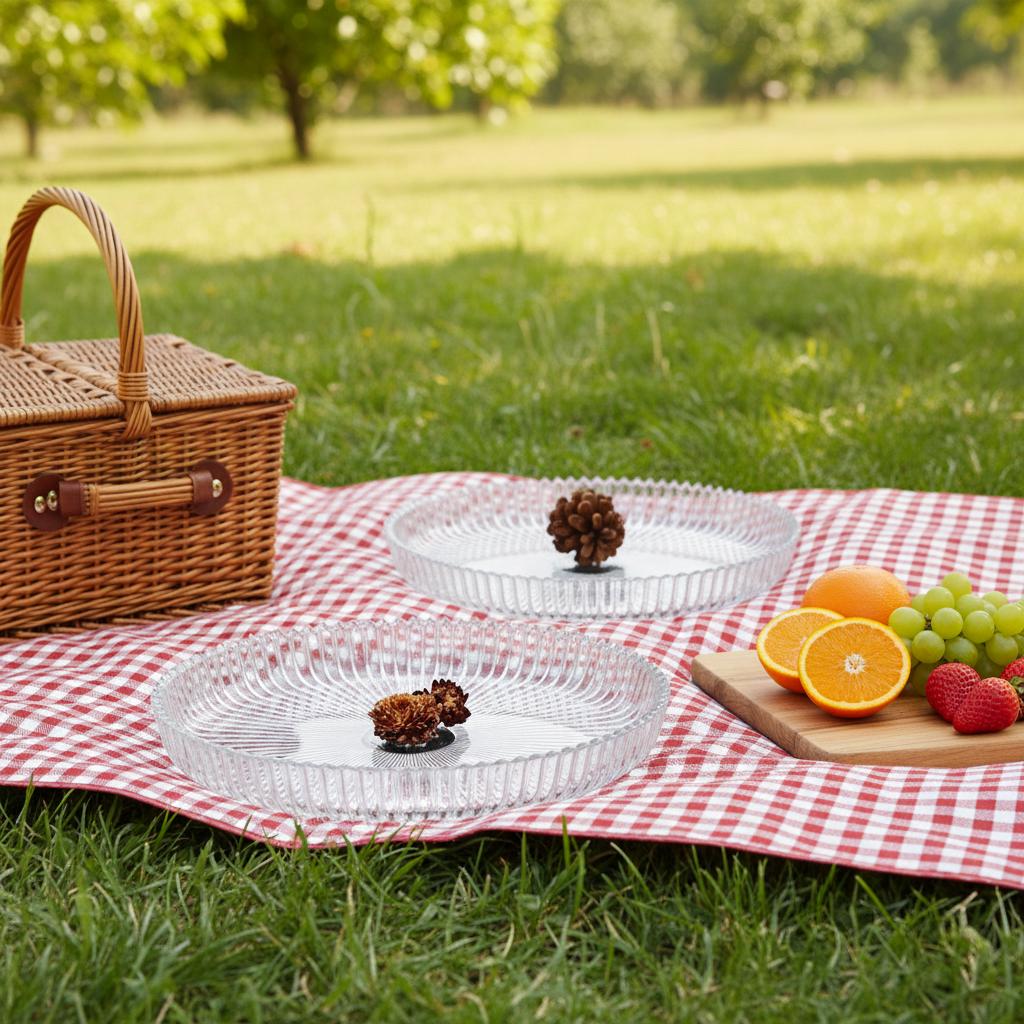 Eco-Friendly Non-Toxic PC Material Transparent Round Large Capacity Fruit Plate for Outdoor Picnic and Commercial Restaurant Use