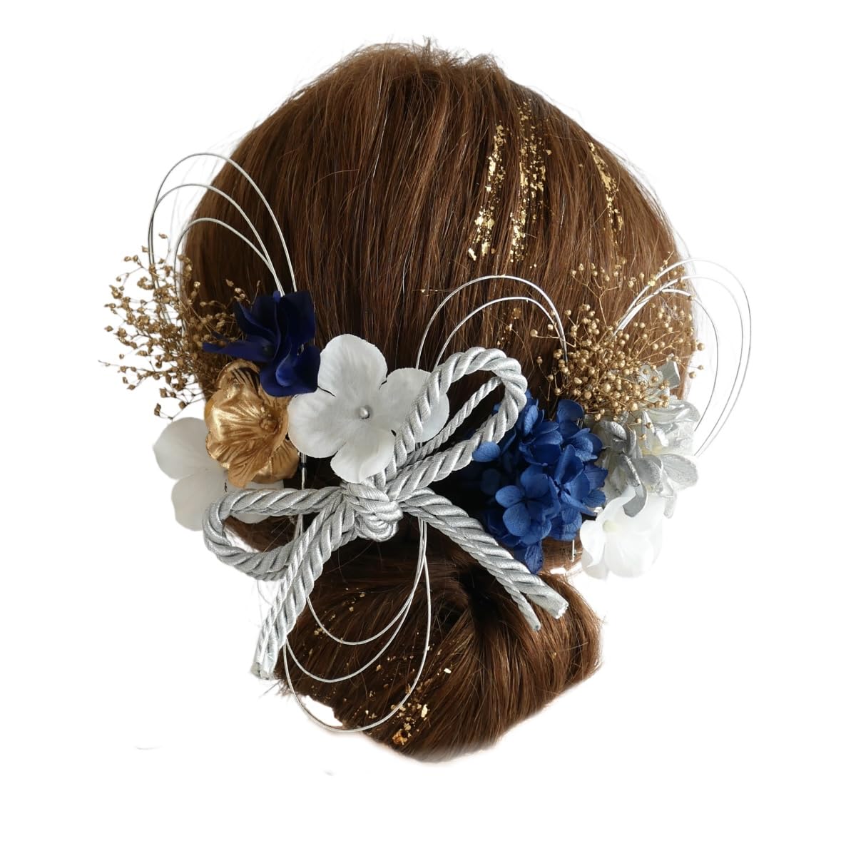 

Preserved Flower Hair Ornament with Braided Mizuhiki and Gold Leaf for and Japanese Clothing [Bria] Coming-of-Age Ceremonies, Graduations, Weddings, синій