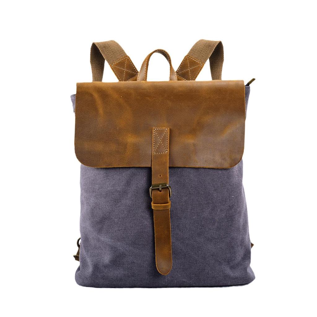 Vintage Grey Cotton Canvas Shoulder Bag - Women's Casual Spliced Bookbag Backpack