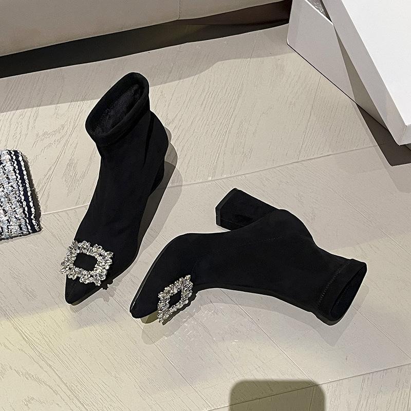 Spitzer dicker Absatz Herbst und Winter dicker Absatz Internet-Berühmtheit Strass quadratische Schnalle High Heel dünne Stiefel Fleece elastische Sockenstiefel Wildleder Schu