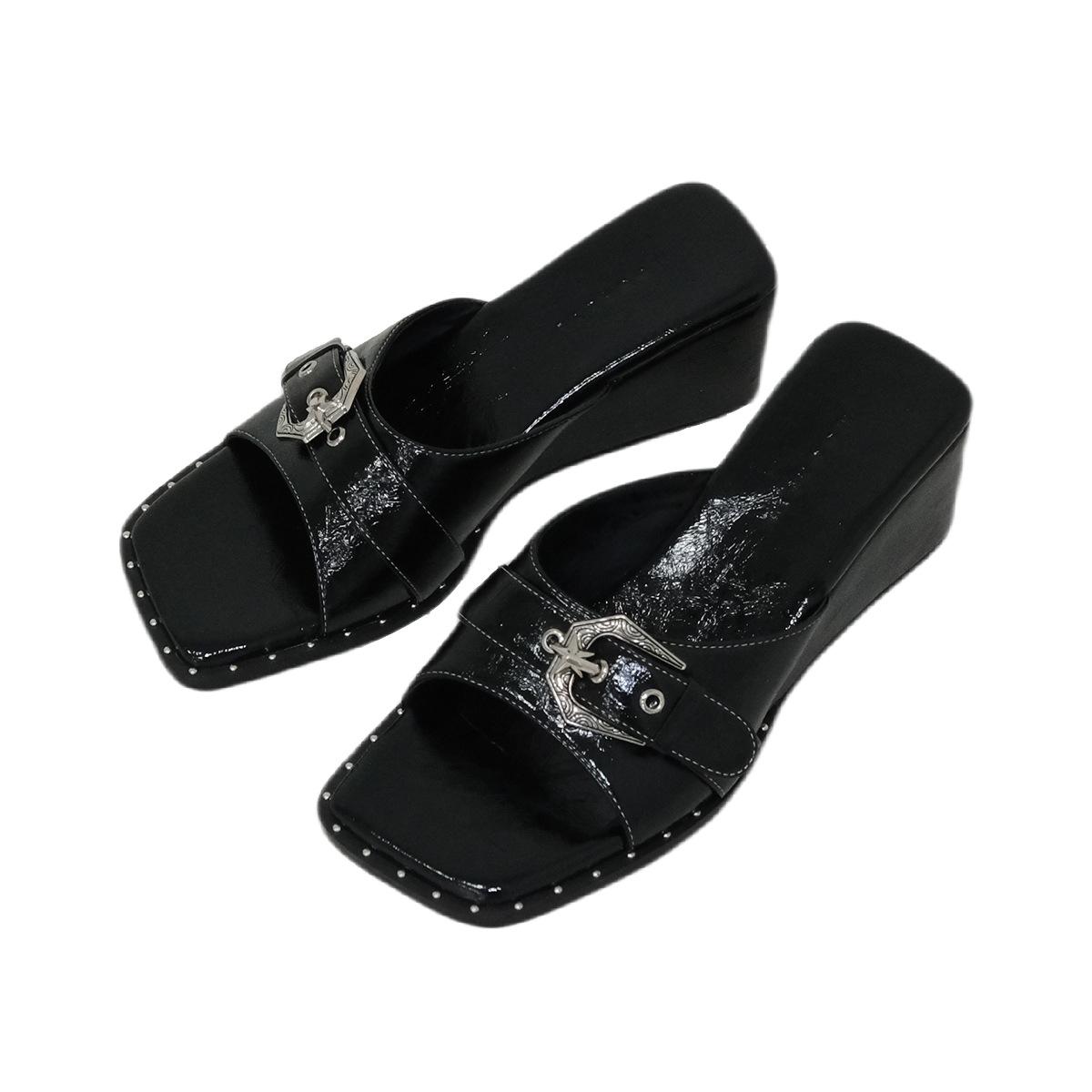

Suding Home, Thick-soled Sandals Women 2025 Spring and Summer Wear Soft Leather Black Square Head Heel One-word Sandals Women 40 чёрный