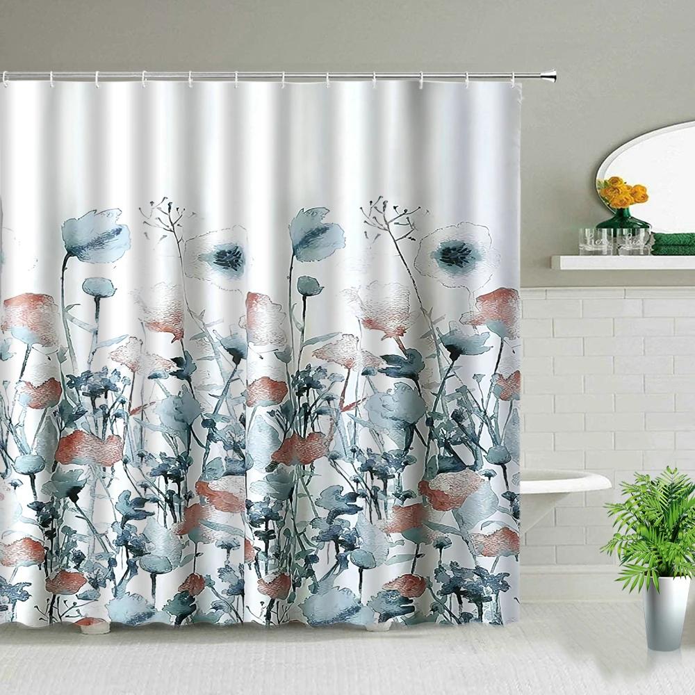 Plant Series Shower Curtains Bathroom Waterproof Polyester Cloth Curtain Set Flowers Print Screens For Bathtub Decor With Hooks