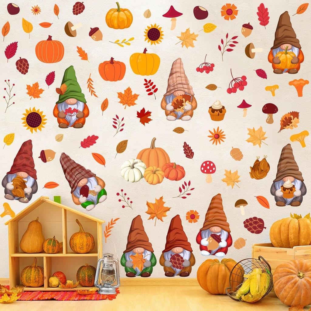 6 Sheets 85 Pcs Thanksgiving Gnome Wall Decals Fall Autumn Harvest Wall Decals Gnome Pumpkin Sunflower Maple Leaves Window Clings for Home Living