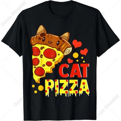 Cute Cheese Pizza Cat Funny Tee T-Shirt for Men Women Teens Pizza Loves Cotton Short Sleeve Easy To Wear and Match