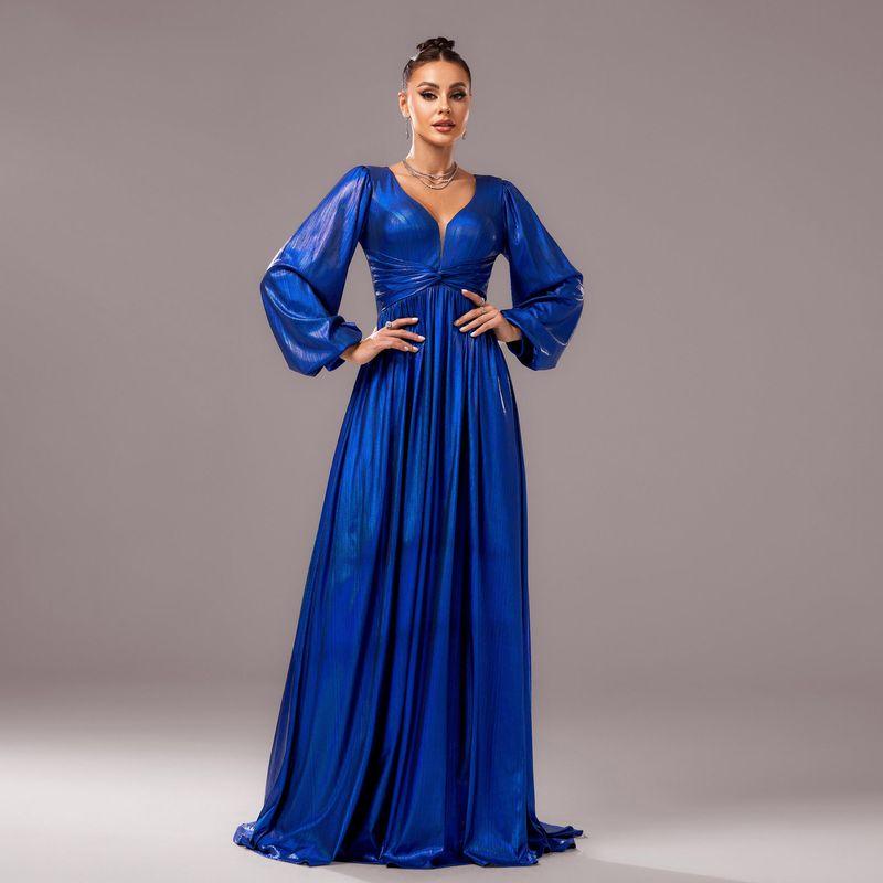 Birthday Dress Sexy Long Dress Cross-Border European and American New High-End Long-Sleeved V-Neck Banquet Evening Dress Bridesmaid Dress Royal Blue S