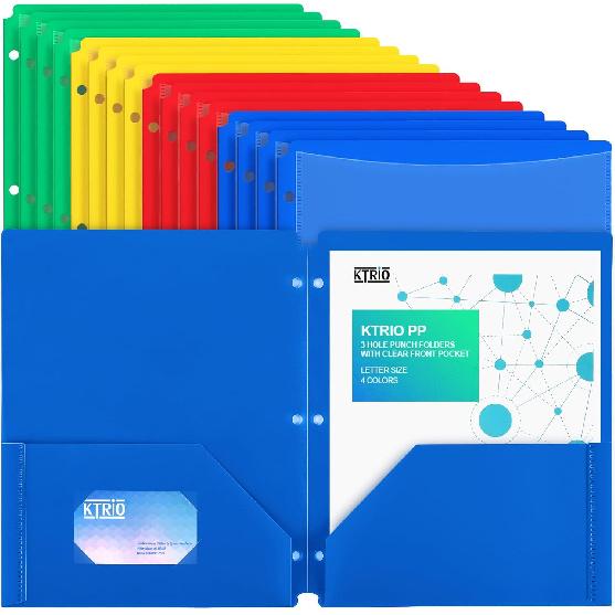 KTRIO Plastic Folders with Clear Front Pocket, 4 Pack Folders with Pockets and Prongs, Heavy Duty 2 Pocket 3 Prong Folders, Letter Size Colored 4 Pack