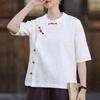 Women Vintage Shirts Tops Summer Chinese Style Stand Half Sleeve Button Solid Color Blouses