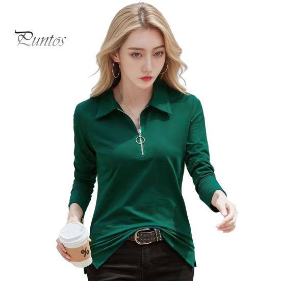 Women T-shirt Lapel Zipper Half Placket Long Sleeve Pullover Tops Solid Color Soft Stretchy Tee Slim Fit Casual Shirt Work Party Vacation Daily