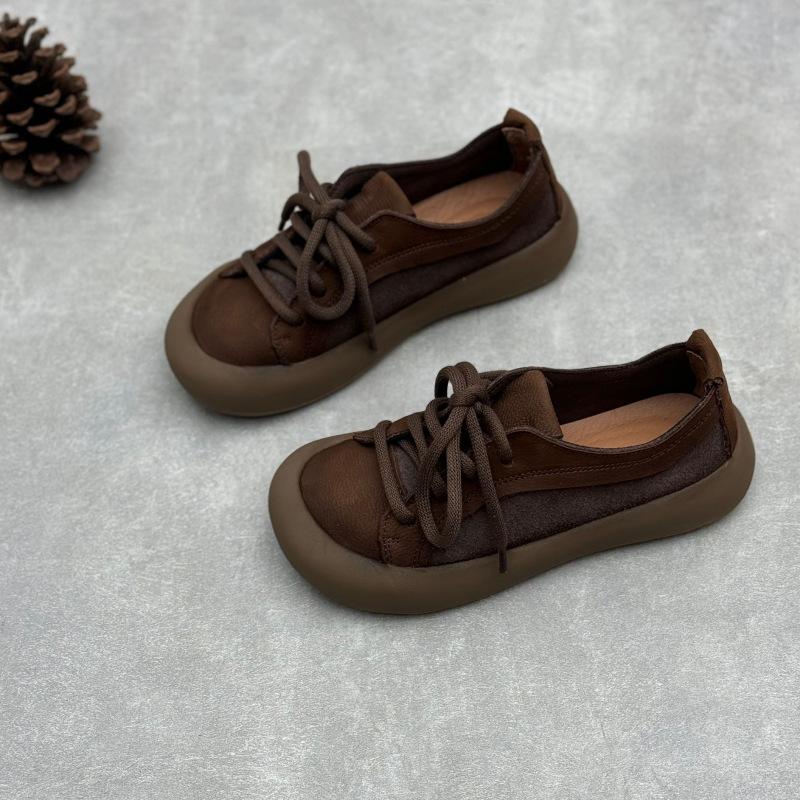 Johnature Retro Genuine Leather Lace Up Women's Shoes Casual Round Toe Cowhide Flats