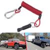 Coiled Trailer Brake Lanyard and Pin Assembly with Red Interlaced Cable, Metal Loop, and Snap Hook for Attachment to the Trailer Connection Point