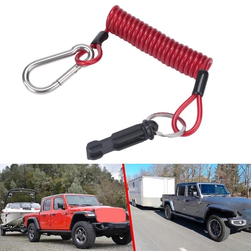 Coiled Trailer Brake Lanyard and Pin Assembly with Red Interlaced Cable, Metal Loop, and Snap Hook for Attachment to the Trailer Connection Point