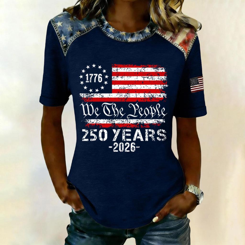 Women Casual Short Sleeve T Shirt Crew Neck Patriotic Letter Print Top Slim Fit Lightweight Tee for Everyday Wear