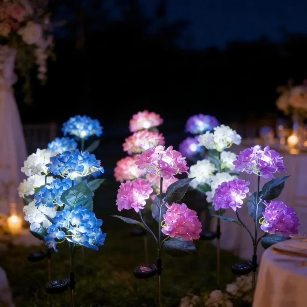 Solar 3 Heads Hydrangea Ground Lamps Outdoor Simulation LED Flower Stake Lights Waterproof Garden Party Decor