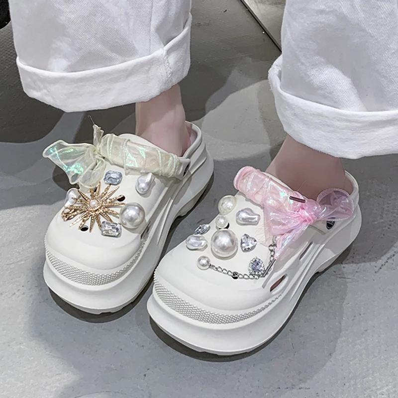 Fashion Pearl Decor Women's Diy Clogs Sandals Summer 2025 Wedge Platform Sandals Woman Fashion Ribbon Thick Sole Garden Shoes Women