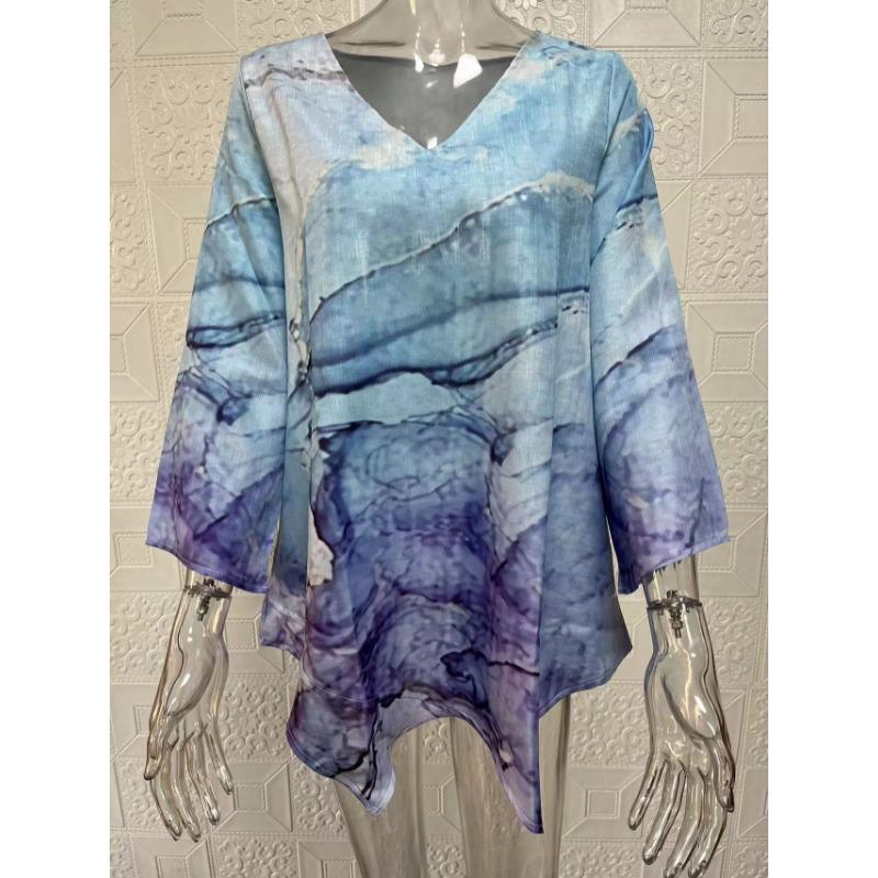 Spring Summer V-neck Printing Fashion Women Blouse New Casual Loose Irregular Top T-shirt Large Size Simple Elegant Office Shirt Women's Clothing