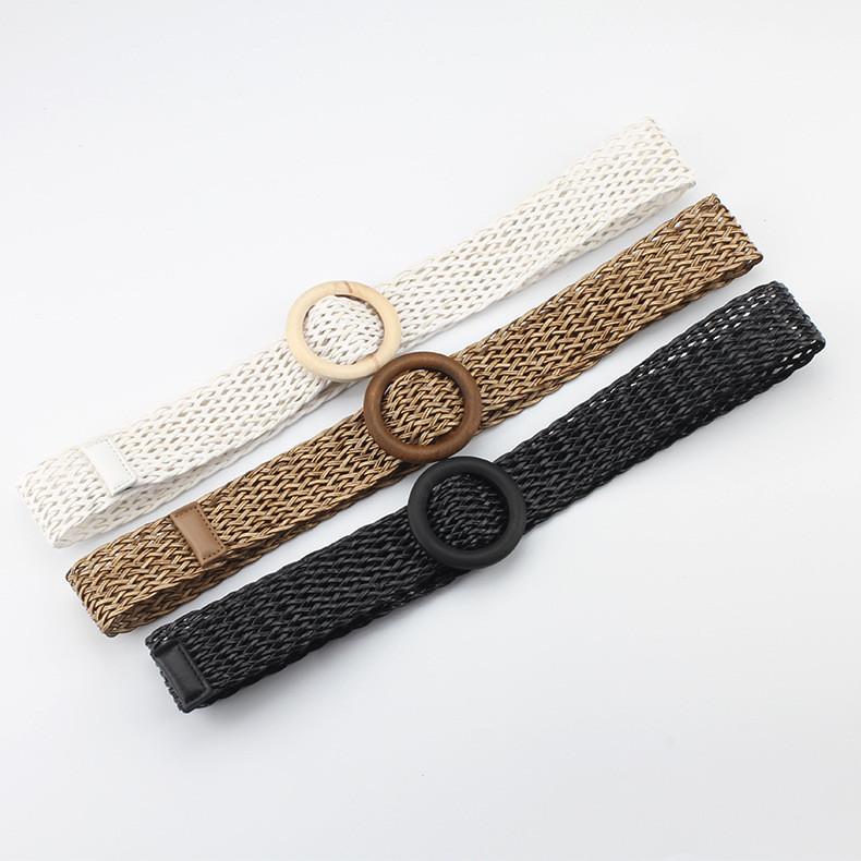 Womens Woven Cotton Linen Belt With Round Wooden Buckle For Casual Dress Fashion