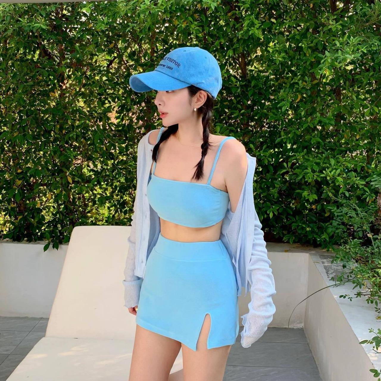 

Женский раздельный купальник в корейском стиле - Купальник с юбкой с высокой талией для маленькой груди Large небесно-голубой