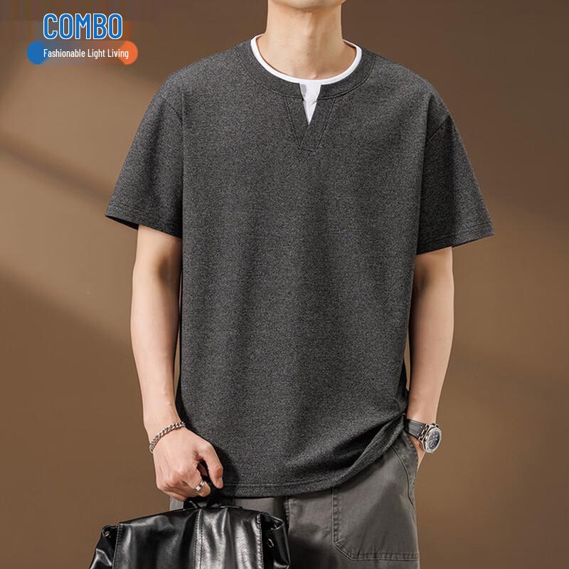 Kangbo Men s Spring/Summer Fake Two-Piece Round Neck Short Sleeve T-Shirt M