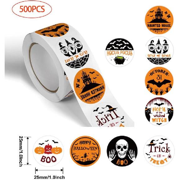 Halloween Stickers for Kids, 500 Pieces 1.0 Inch Skeleton Label Stickers for Halloween Party Favor Supplies Pumpkin Bat Witch Roll Round Envelop Seal