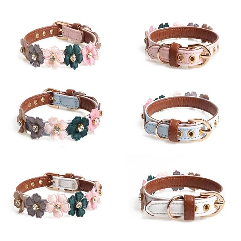 Practical Pet Dog Flower Rhinestone Collar Flower PU Chain Leather Small Medium Chihuahua Pug Cat Dog Collar Home Pet Supplies