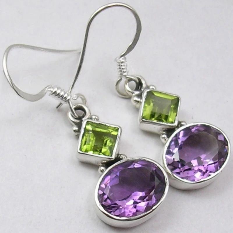 Vintage Geometric Inlaid Green Purple Synthetic Zircon Dangle Earrings for Women Bohemian Style Banquet Jewelry Accessories Gift