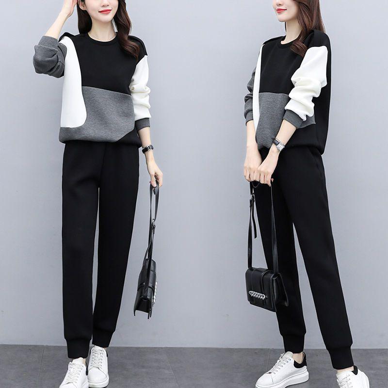 2025 Slimming Color Block Autumn Two-Piece Set - Women's Large Size Fashion