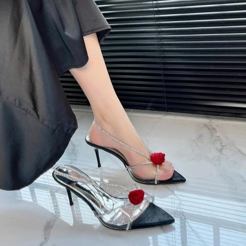 Fashion Design Sense Transparent Sandals Women's Summer New Pointy Flower Sequin Party Shoes Stiletto Fashion High Heels