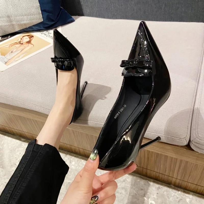 2024 Fashion Delicate Sweet Bowknot High Heel Shoes Side Hollow Pointed Women Pumps Pointed Toe 10.5CM thin Dress Shoes