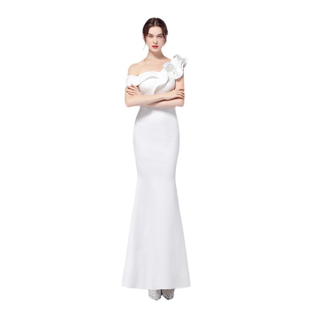 Vestido de Noche de Banquete con Hombro Descubierto Moda Fiesta Largo Elegante y Delicado Sexy Vestido de Cola de Pez