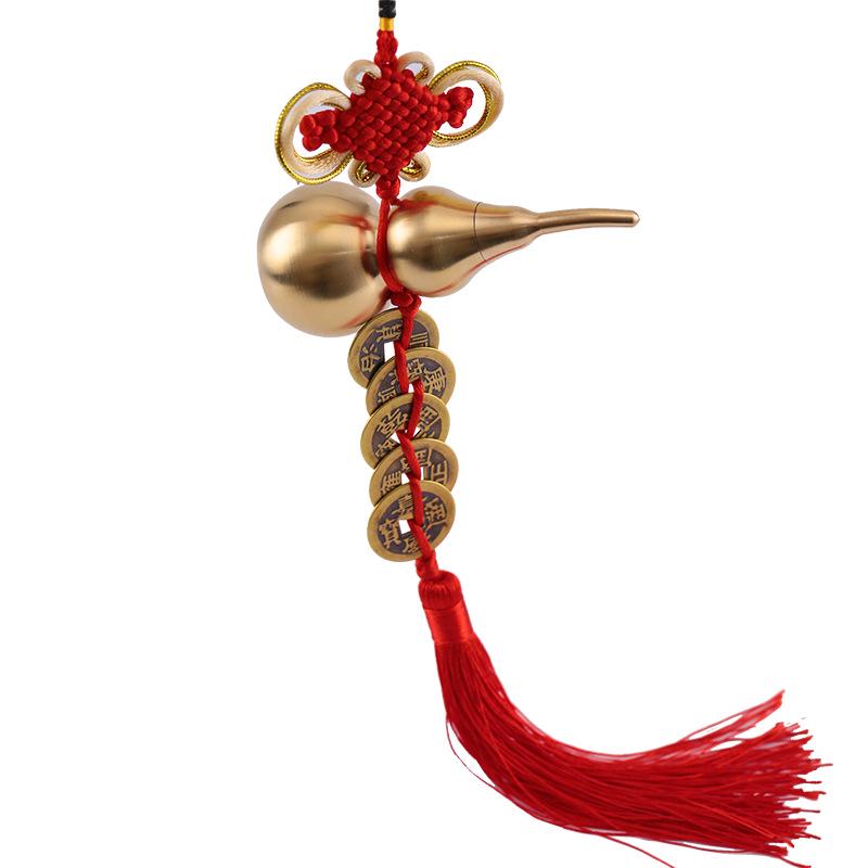 7cm Copper Gourd with Five Emperors Coins, Gold-Edged Knot, and Peach Wood Hanging Ornament.