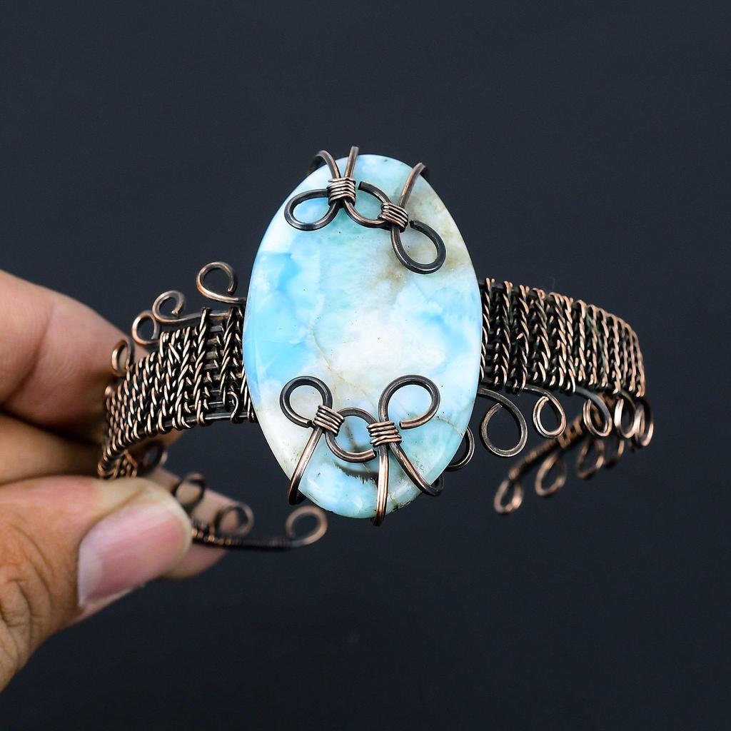 Larimar Gemstone Pure Copper Wire Wrapped Handmade Cuff/ Bangle Jewelry For Her