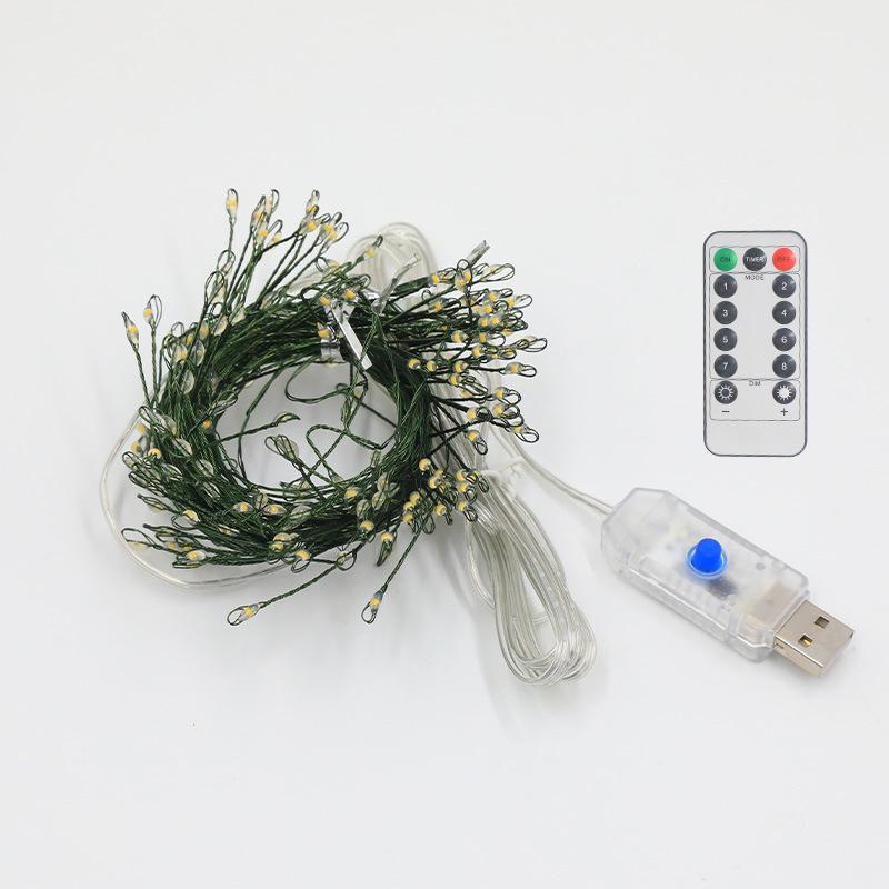 

LED Christmas Firecracker String Lights – Black Centipede Copper Wire, Outdoor Decorative Courtyard Lights 1.5m 50 Lights USB with Remote