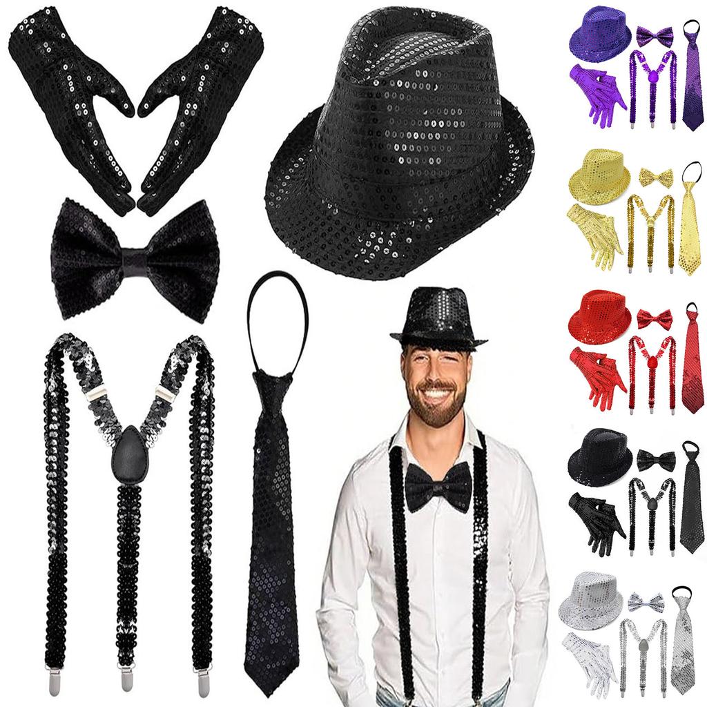 Pailletten Fedora Hoed Stropdas Bretels Stropdas Handschoenen Set voor Volwassenen Unisex Kostuum Accessoires voor Feest Evenement