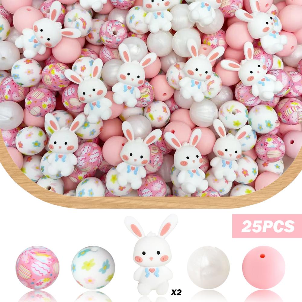 

25/32/44/60PCS Easter White Rabbit Silicone Bead Set, perfect for DIY handmade crafts such as keychains, necklaces, bracelets,